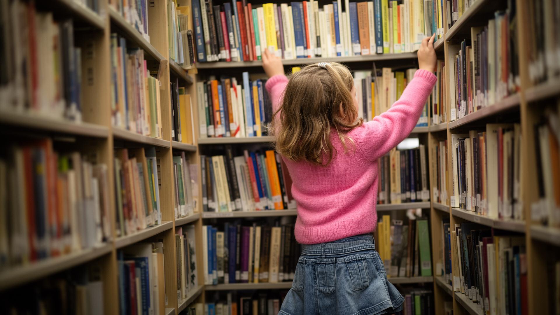 Child reaching for a book on a library shelf